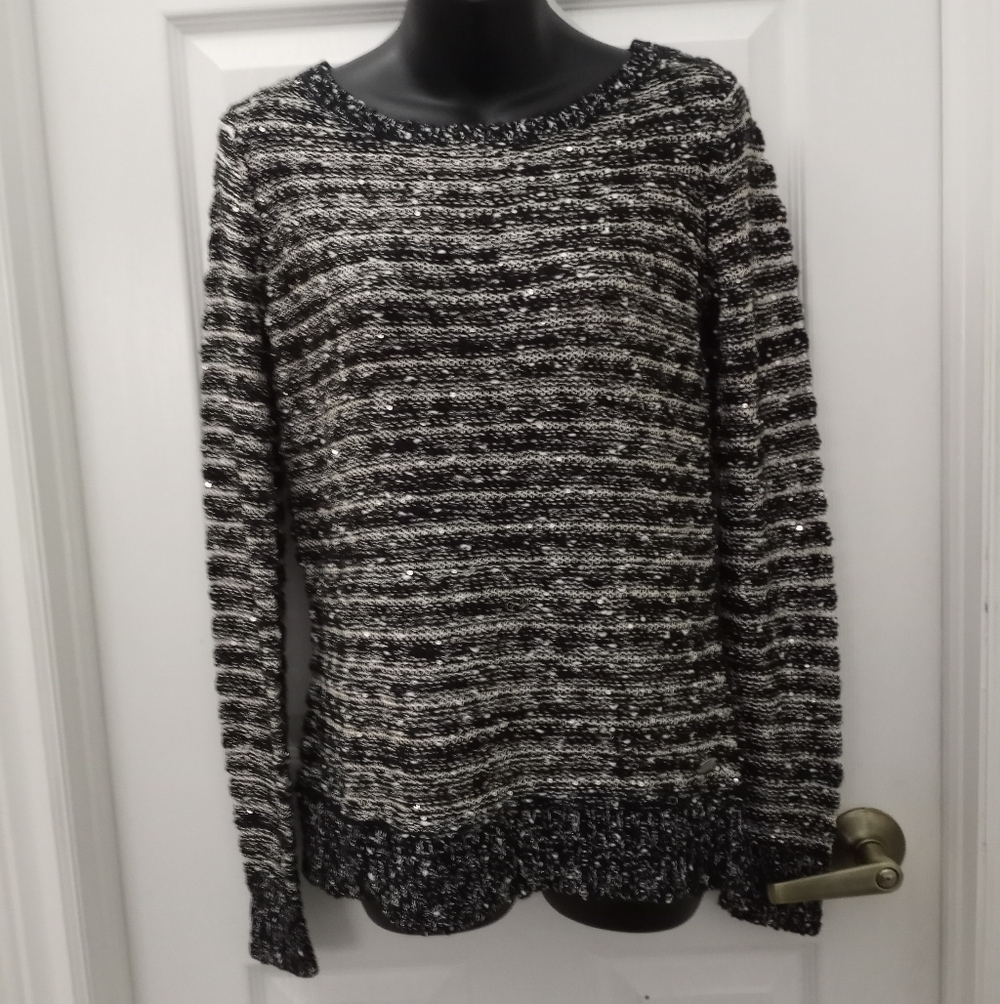 S Harley-Davidson Black and White Striped Scoop Neck Sweater